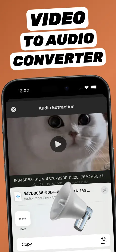 Share sheet with the extracted audio file ready to save or send